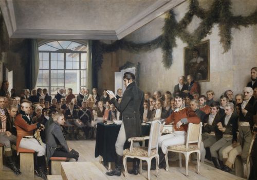 Eidsvold 1814 - Grunnloven leses opp for forsamlingen. Maleri