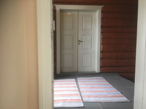 en gang med fillerye foran en fløydør