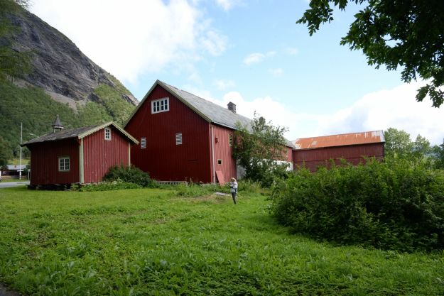 Røde uthusbygninger med gress foran og fjelltopp i bakgrunnen.