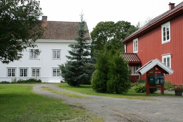 hvit og rødt trehus på et tun med juletre