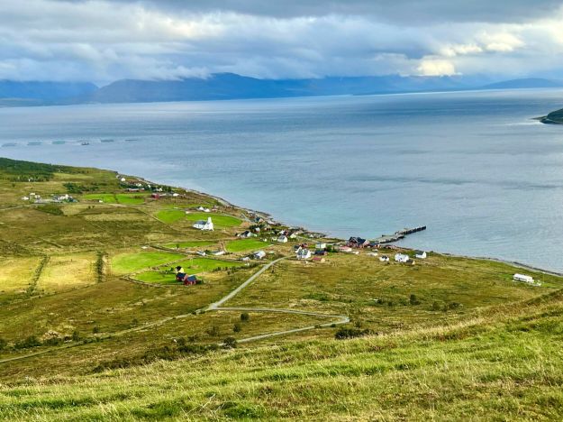 grønnkledd helling ned mot sjøen kirke med bebyggelse rundt