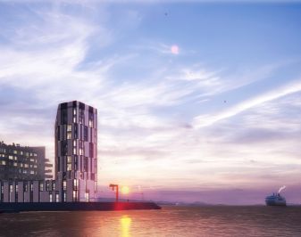 Illustrasjon av Harstad sentrum med utsikt til havet.