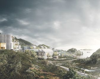Illustrasjon av boligområde i Tjeldbergvika i Svolvær.