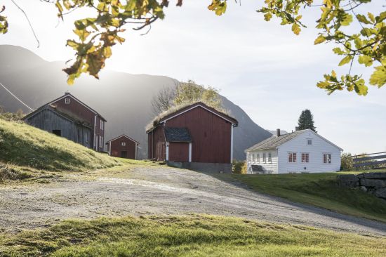 Nesset prestegård. Fire trebygninger omgitt av fjell og grønn mark. Foto