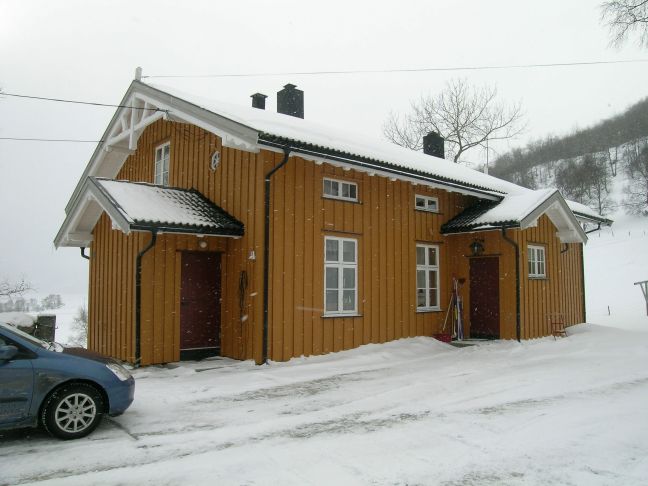 Gulmalt trebygning. Vinterbilde